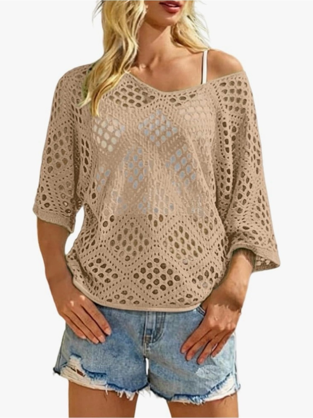 Creamy Beige Open Weave Diamond Crochet Knit Batwing Beach Top - Picture 4 of 11